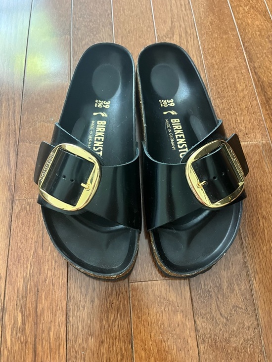 Birkenstock Shoes - Birkenstock Black Single-Strap Sandals with Gold Buckles